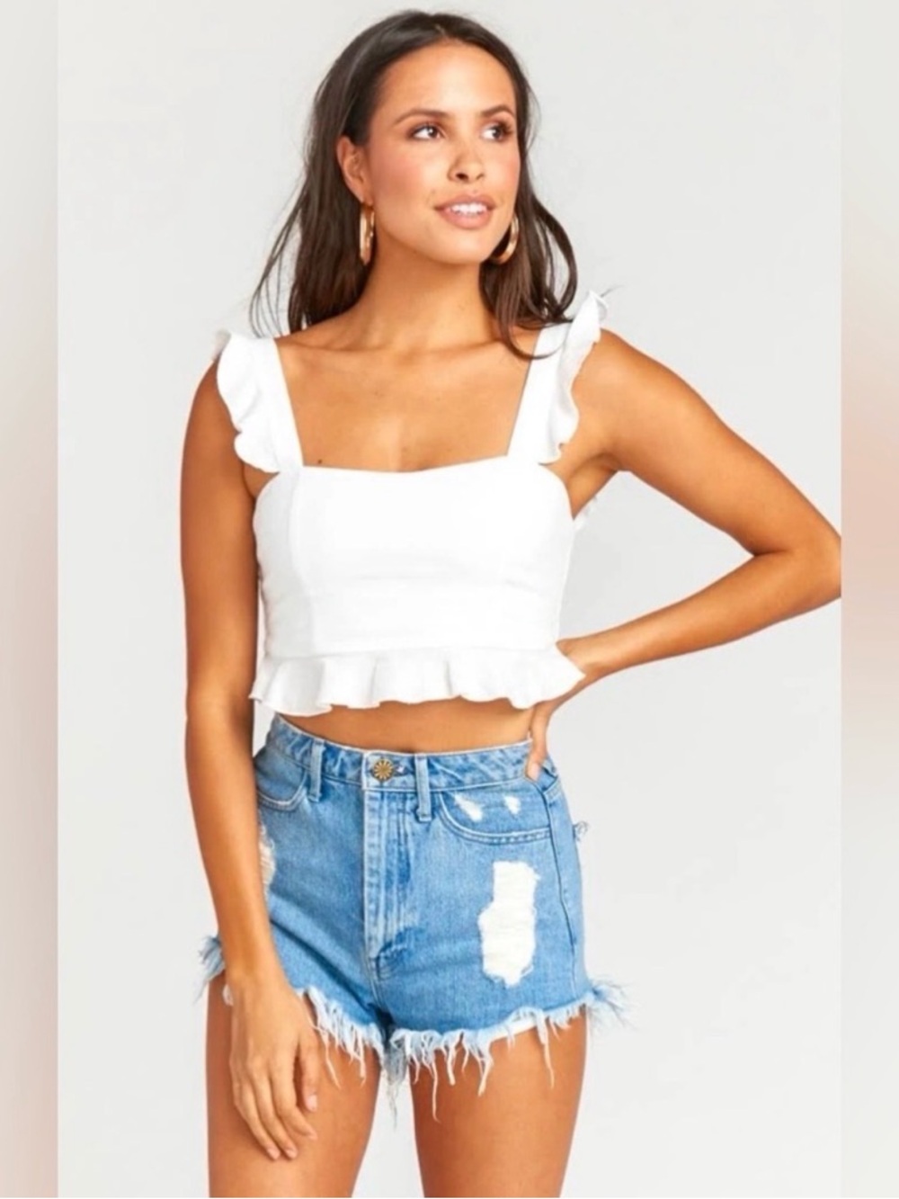 Show Me Your Mumu Delia Linen Ruffle Crop Top White Size XS